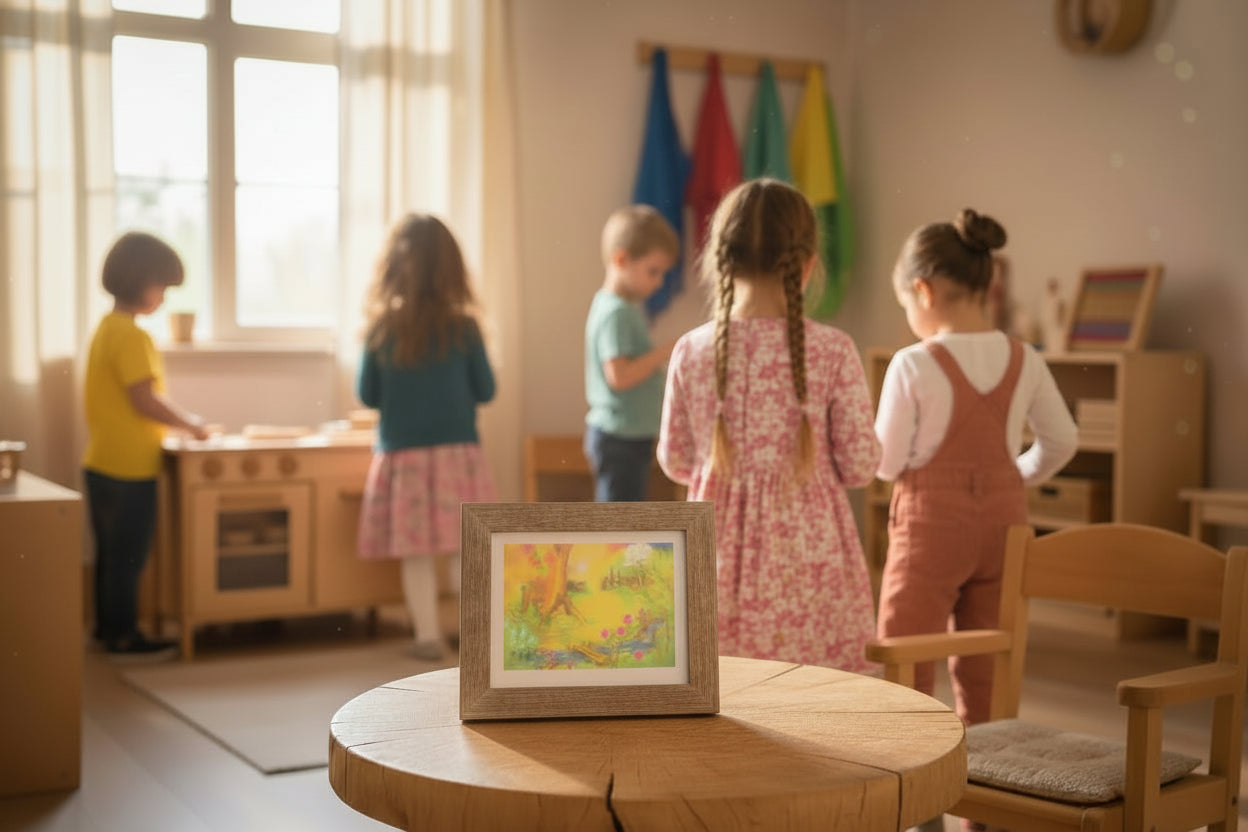 preschool classroom with children playing and the country scene card in a frame on a rustic table