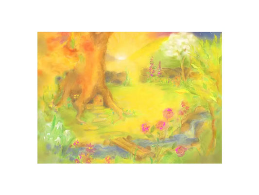 Colorful painting of a forest scene with trees and flowers