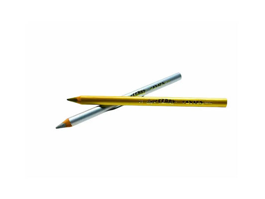 Two pencils, one gold and one silver, on a white background