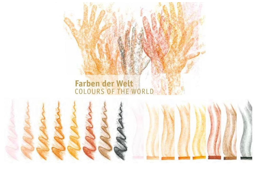 Color swatches with 'Farben der Welt' and 'Colours of the World' text on a white background