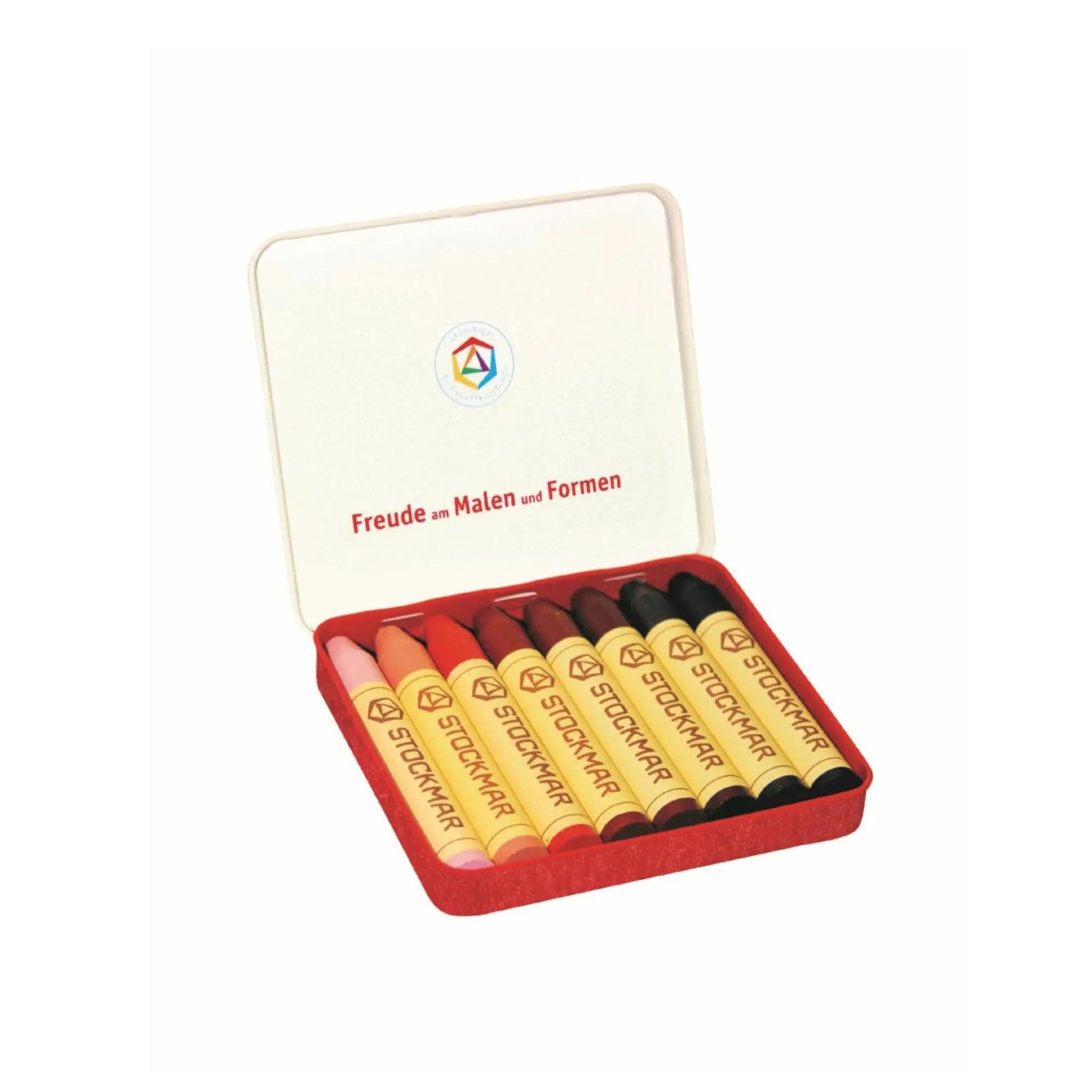 Set of Stockmar Skin tone stick crayons in a red box with a white lid featuring the brand name.