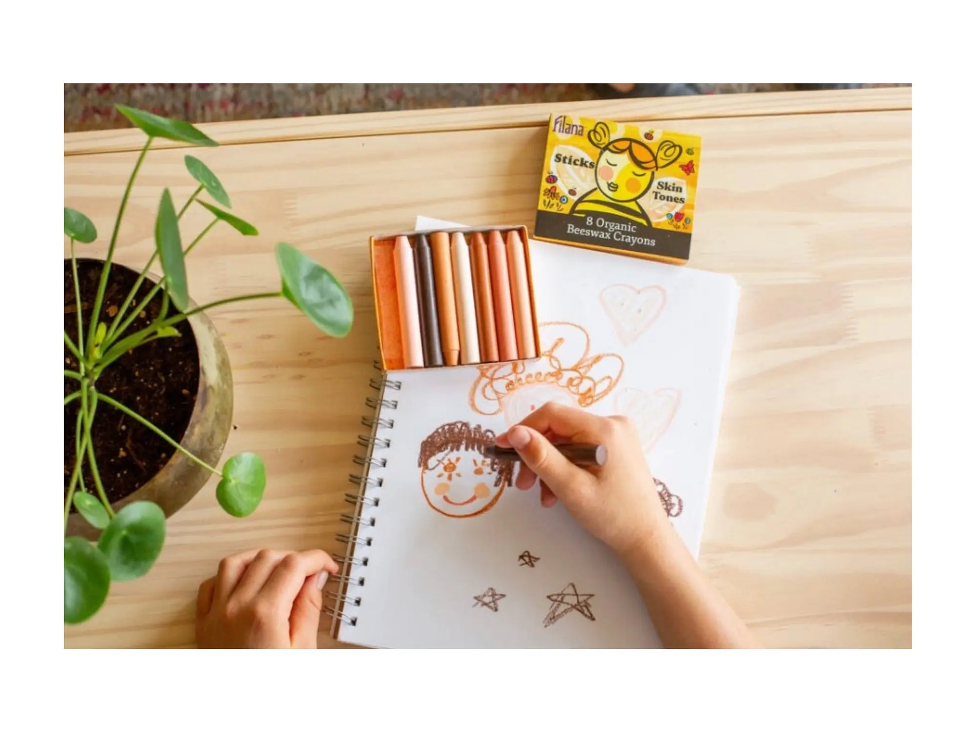 Person coloring a book with colored pencils on a wooden table, next to a potted plant and a box of colored pencils.