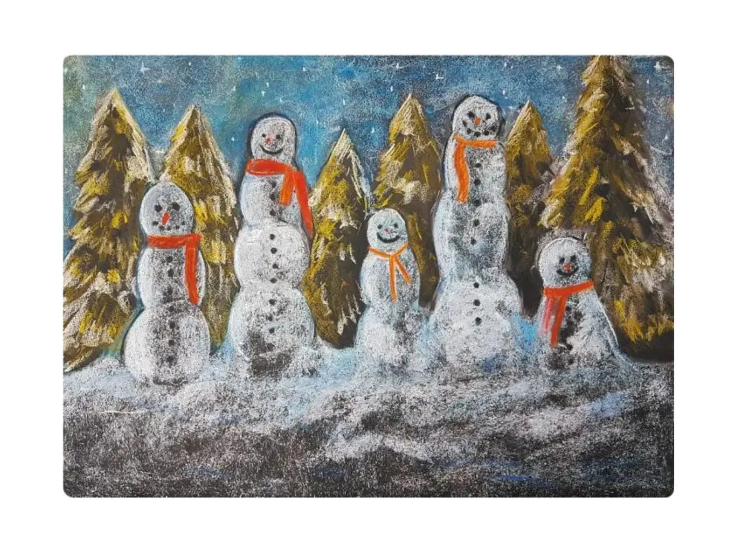 Waldorf Postcard of five snowmen with red and orange scarves against a forest background