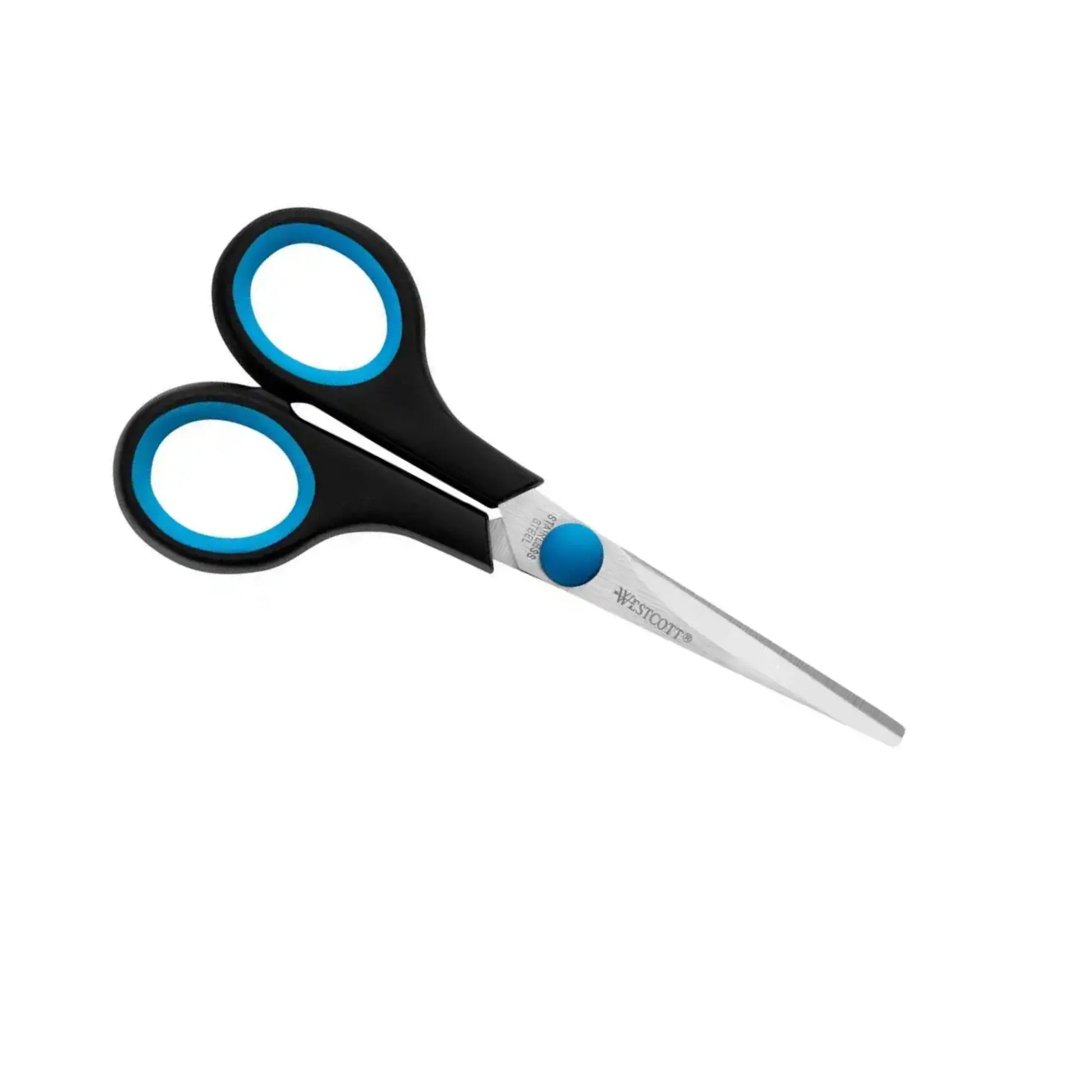 Pair of scissors with black handles and blue circular accents on a white background