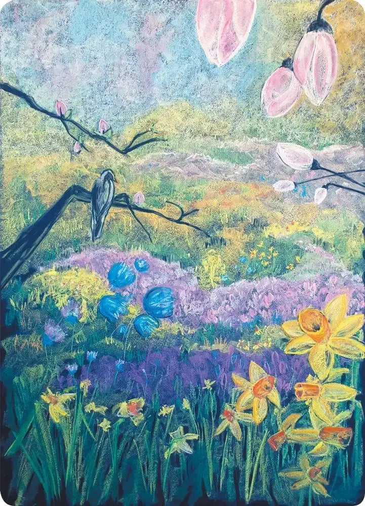 Chalk art postcard of spring flowers and birds in pastel colors