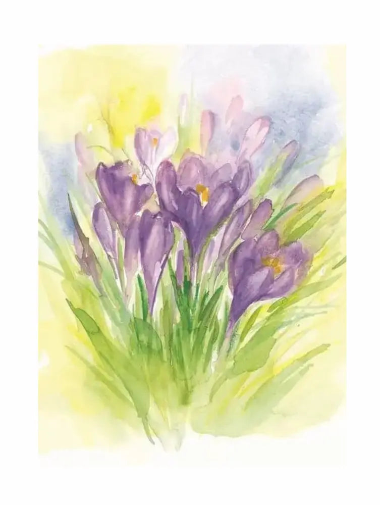Watercolor painting of purple crocuses with a soft yellow background