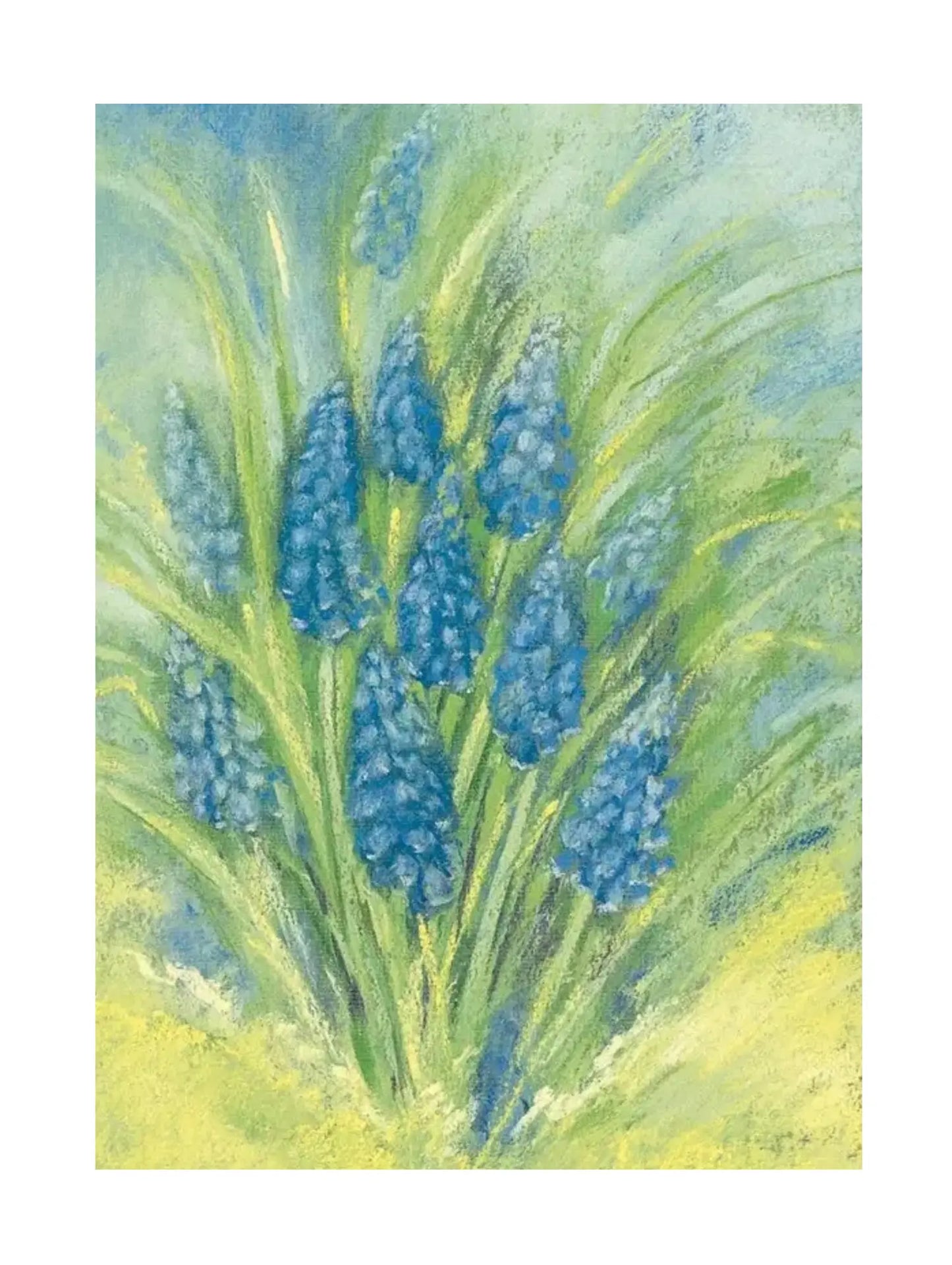 Artistic depiction of blue hyacinth flowers with green leaves on a textured background
