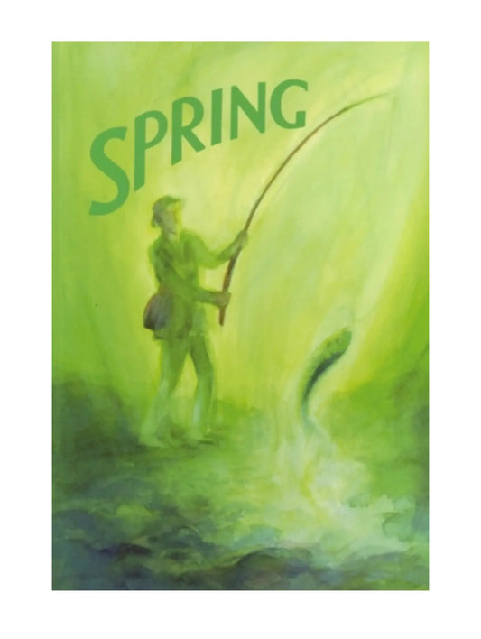 Illustration of a person fishing with 'Spring' text on a green background