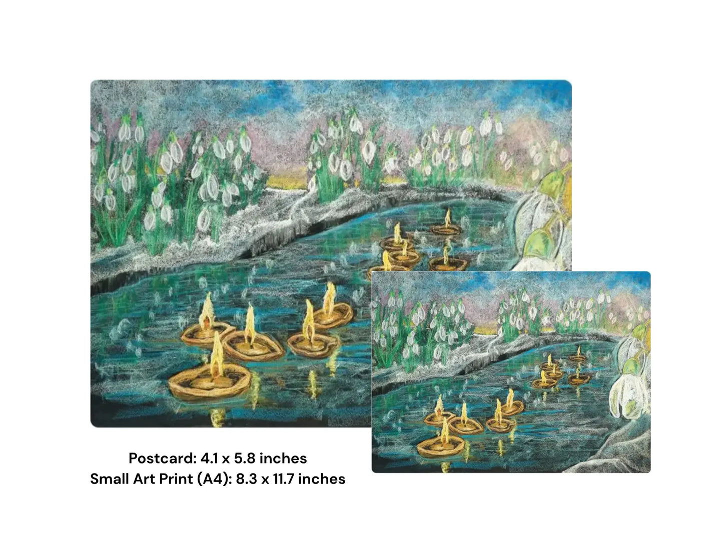 Two sizes postcard and art print of a steam with floating walnut shell candles and snowdrop flowers for Candlemas celebration