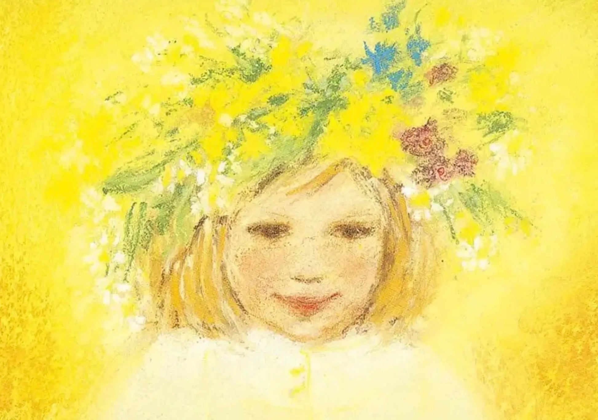 Illustration of a girl with flower wreath on their head against a yellow background