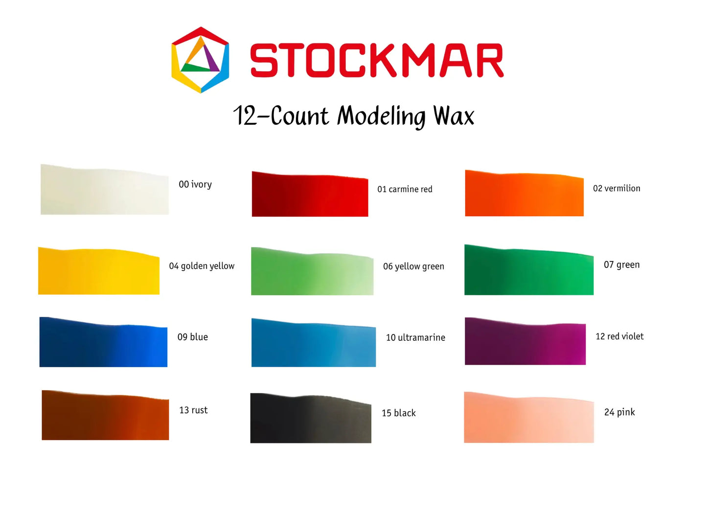 Stockmar 12-count modeling wax colors on a white background with Stockmar logo.