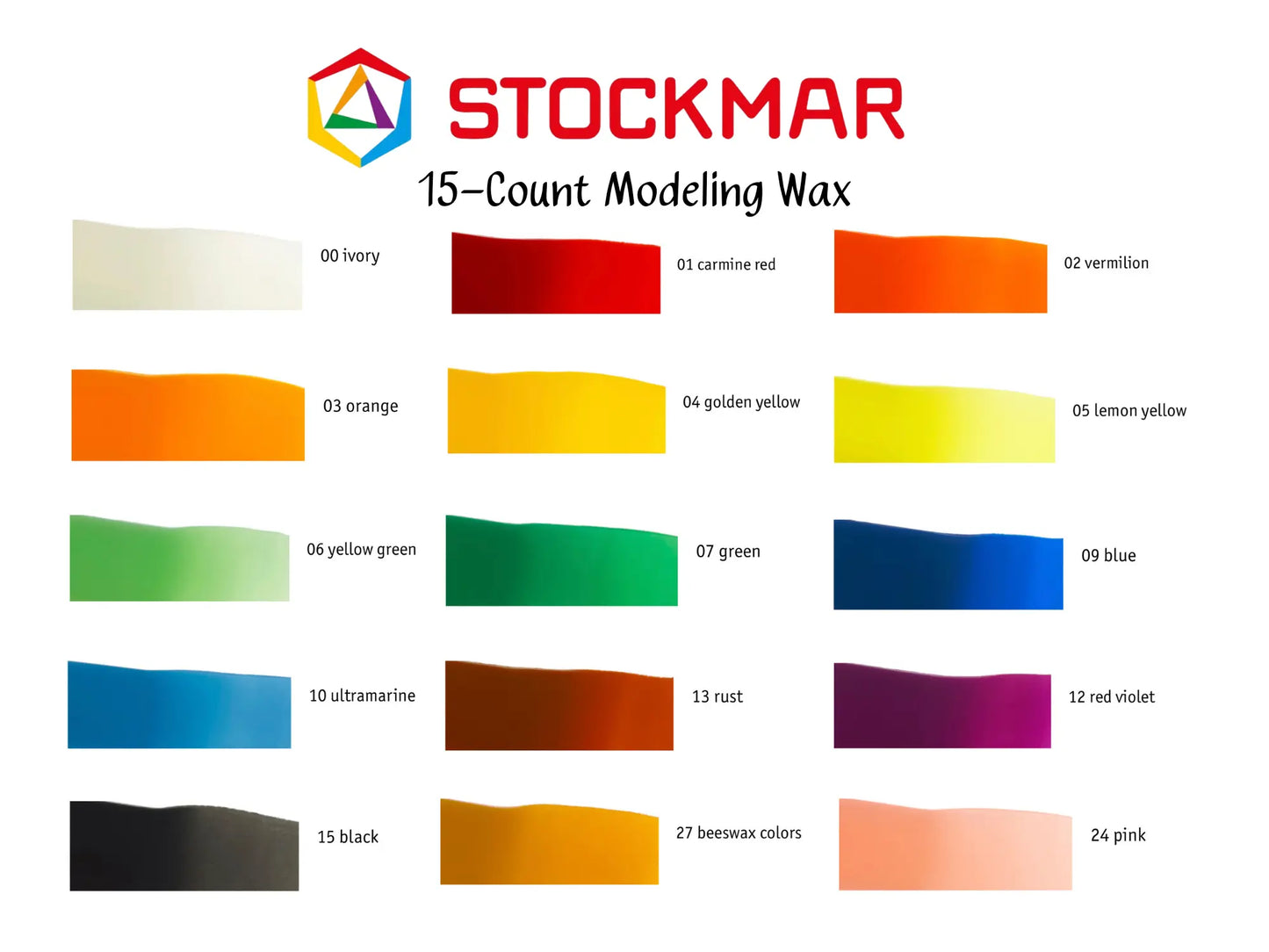 Color swatches of Stockmar 15-Count Modeling Wax with Stockmar logo and color names.
