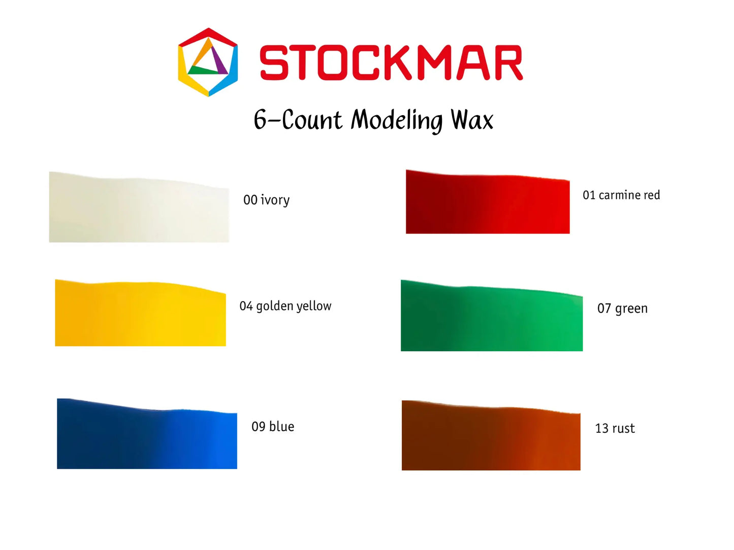 Color swatches of Stockmar 6-Count Modeling Wax with labels on a white background.