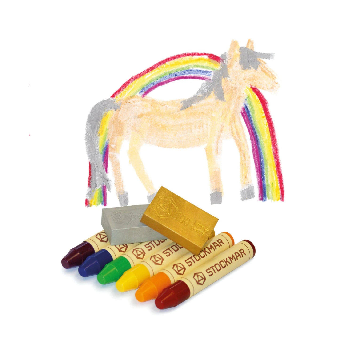 Colorful crayons with a horse and rainbow drawing on a white background