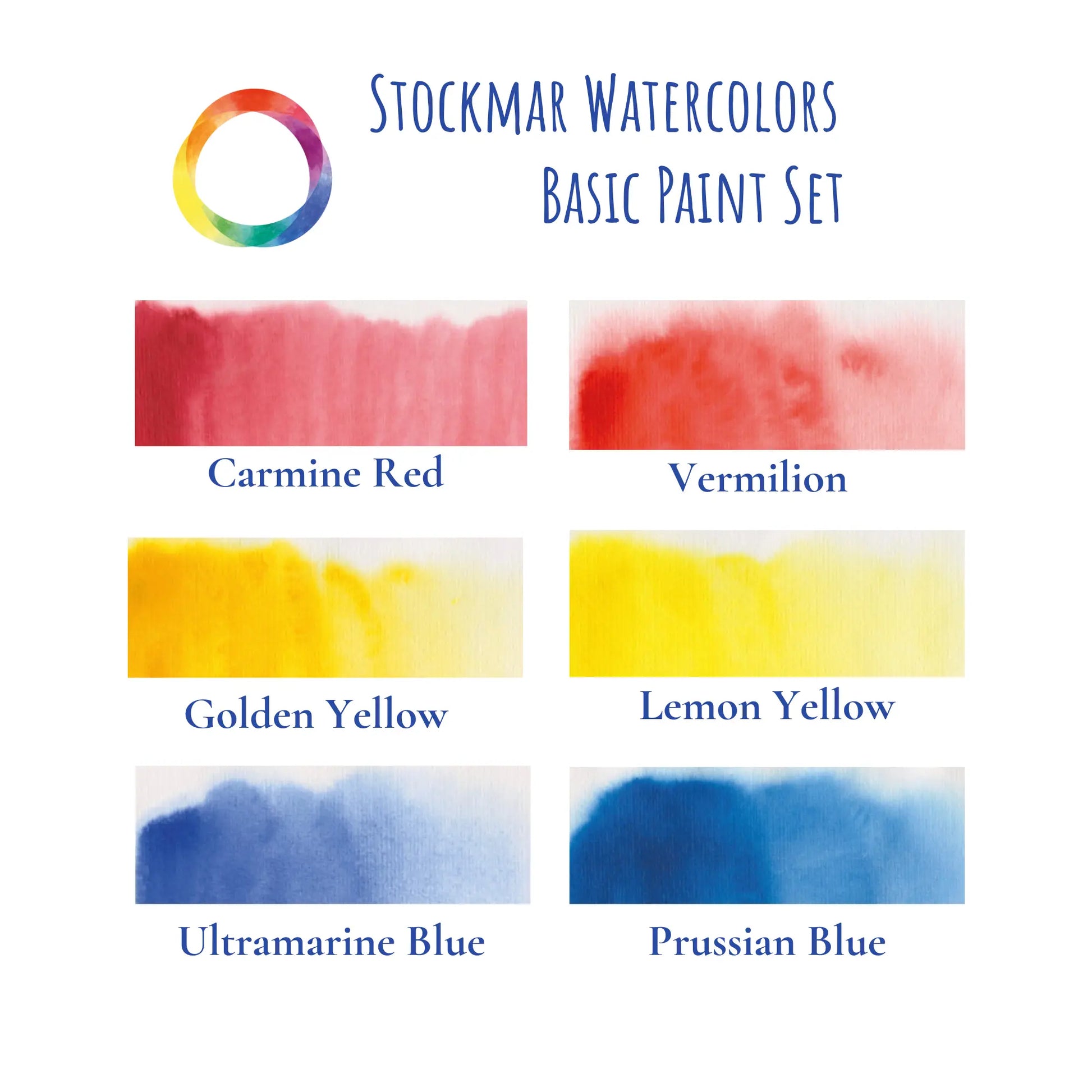 Stockmar Watercolors Basic Paint Set with color swatches of Reds, Yellows, and Blues on a white background.