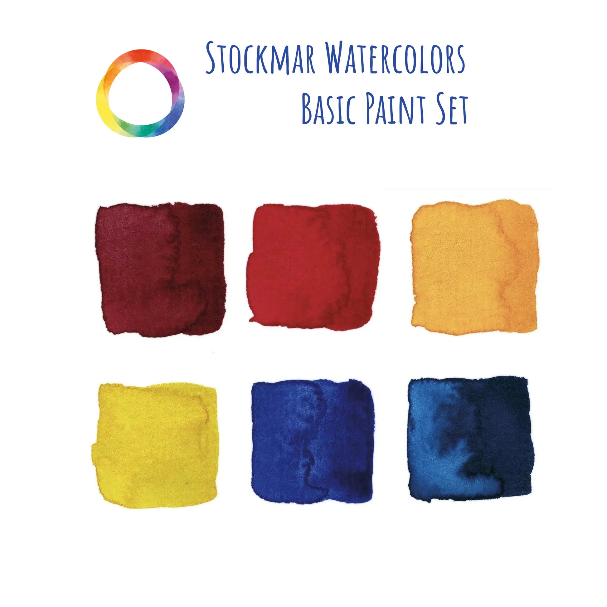 Set of Stockmar watercolor paint swatches in red, yellow, blue on a white background.