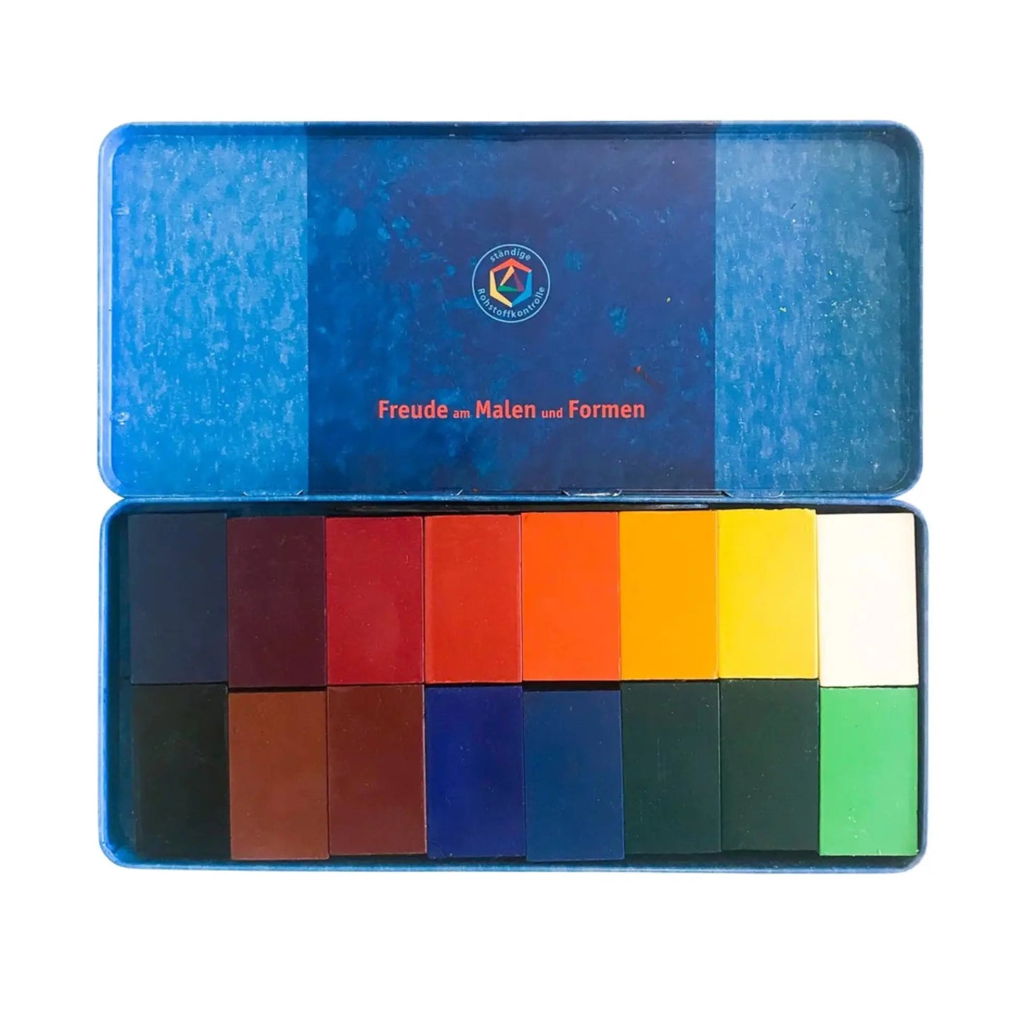 Open blue stockmar block crayon set with color swatches on a white background
