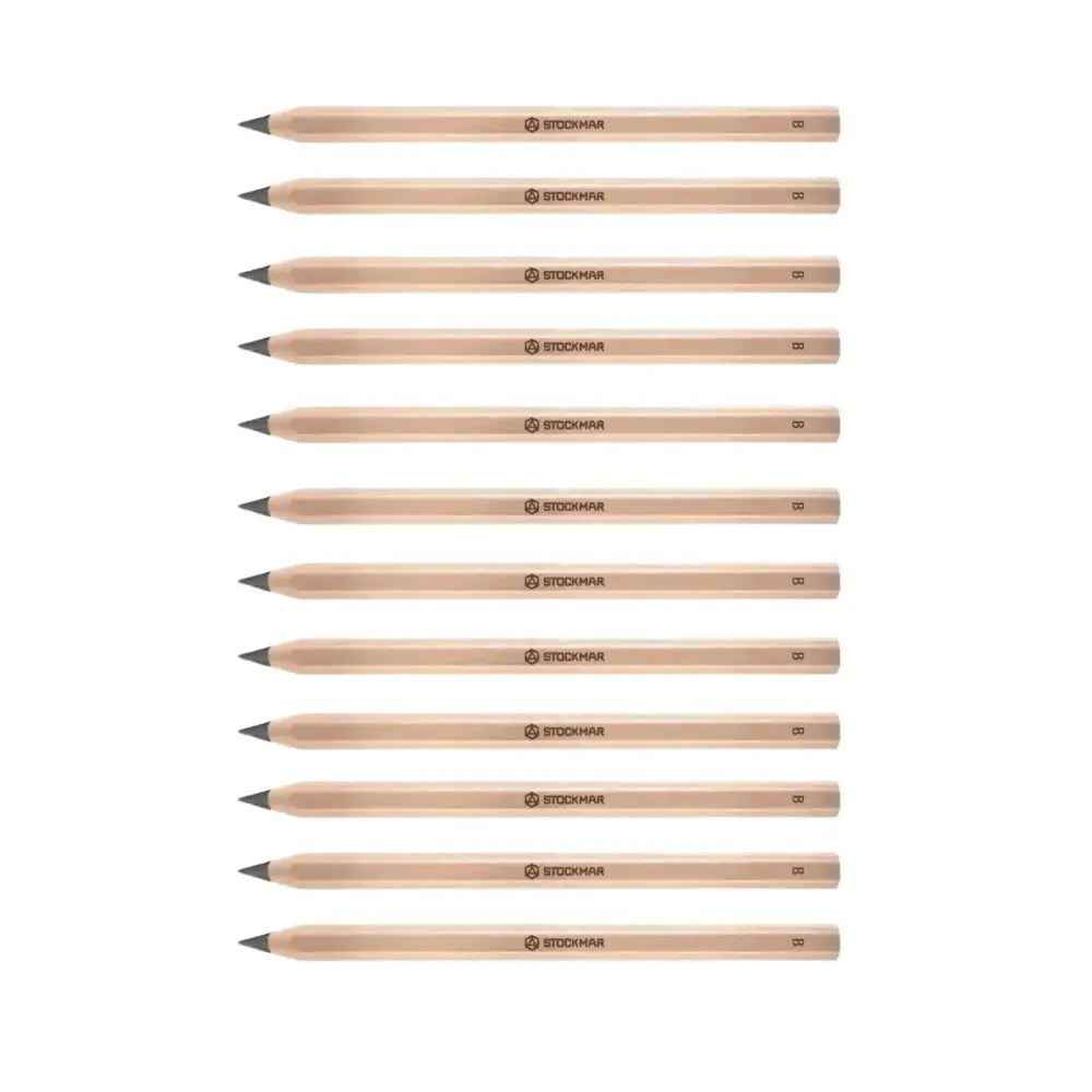Row of wooden pencils with branded Stockmar on barrels on a white background