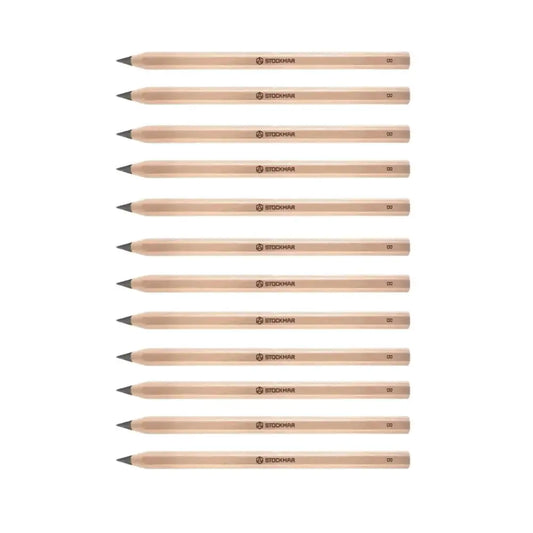 Row of wooden pencils with branded Stockmar on barrels on a white background