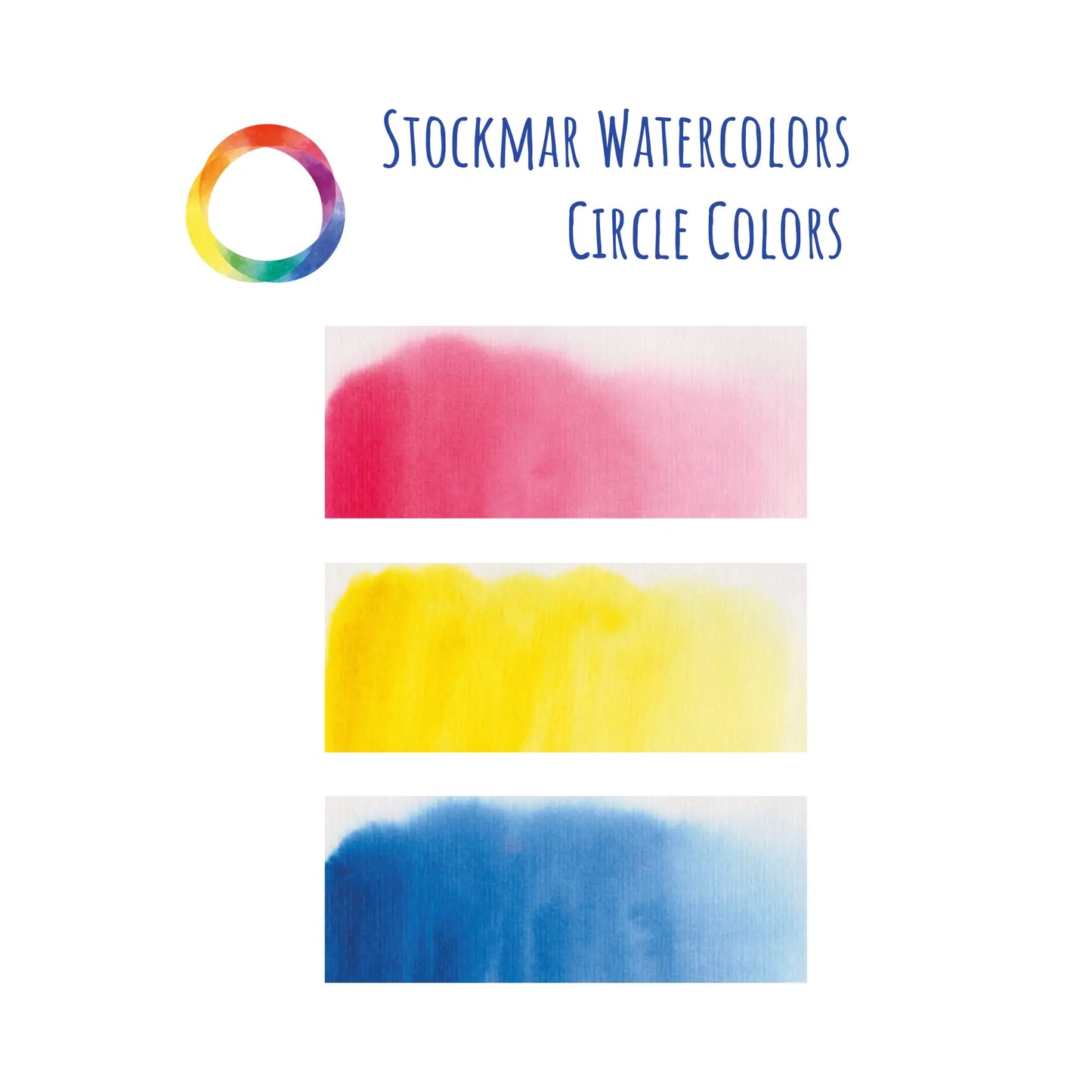 Stockmar Watercolors Circle Colors with pink, yellow, and blue watercolor swatches on a white background.