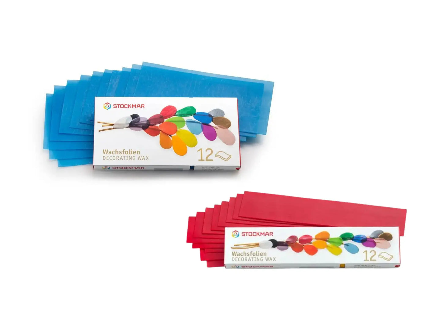 Stockmar decorating wax in narrow and large with colorful paint palette design on a white background