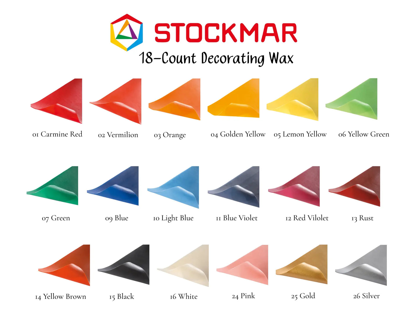 Stockmar 18-count decorating wax color chart with wax color swatches