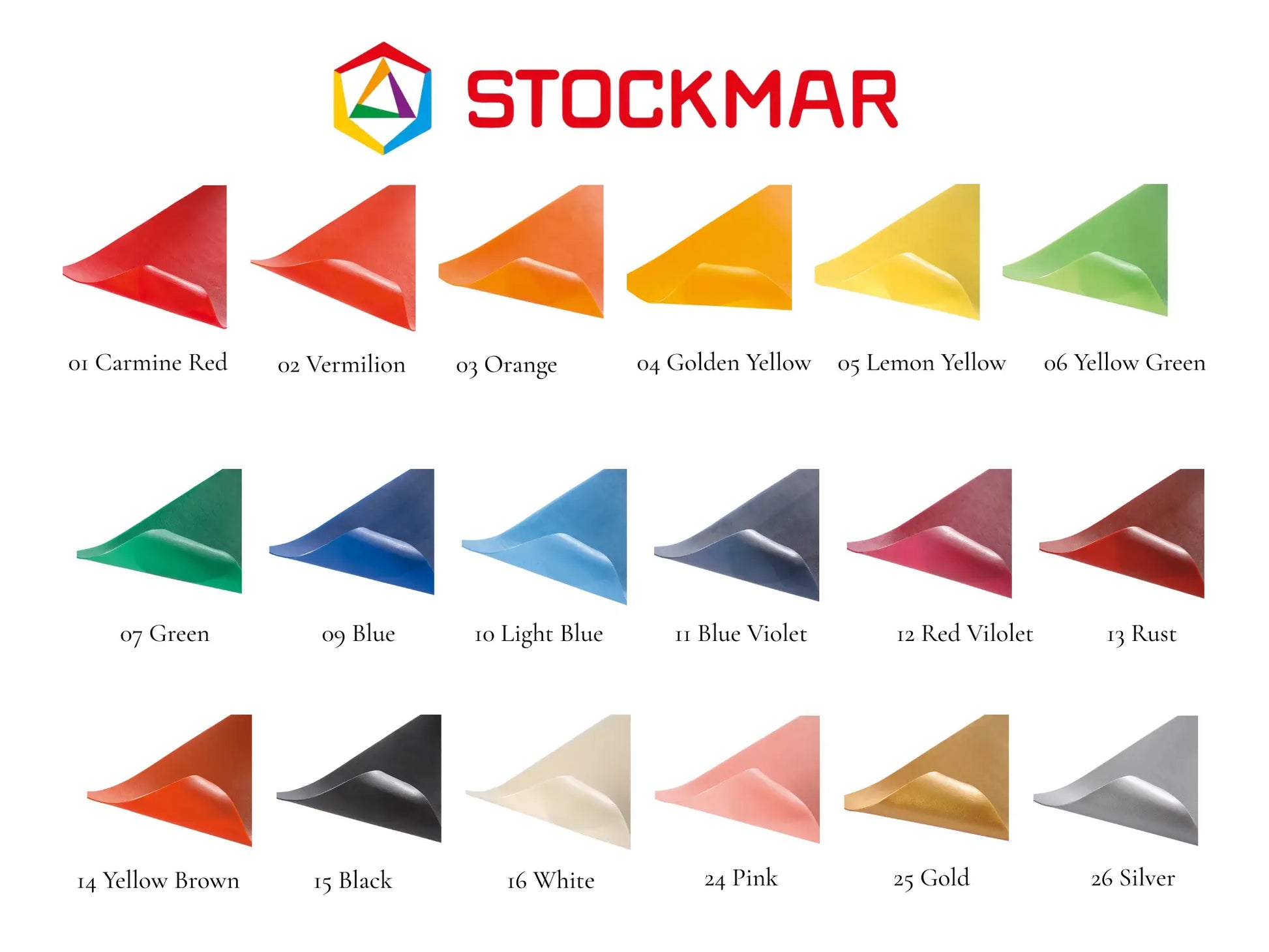 Decorating Wax color swatches with Stockmar logo and color names on a white background