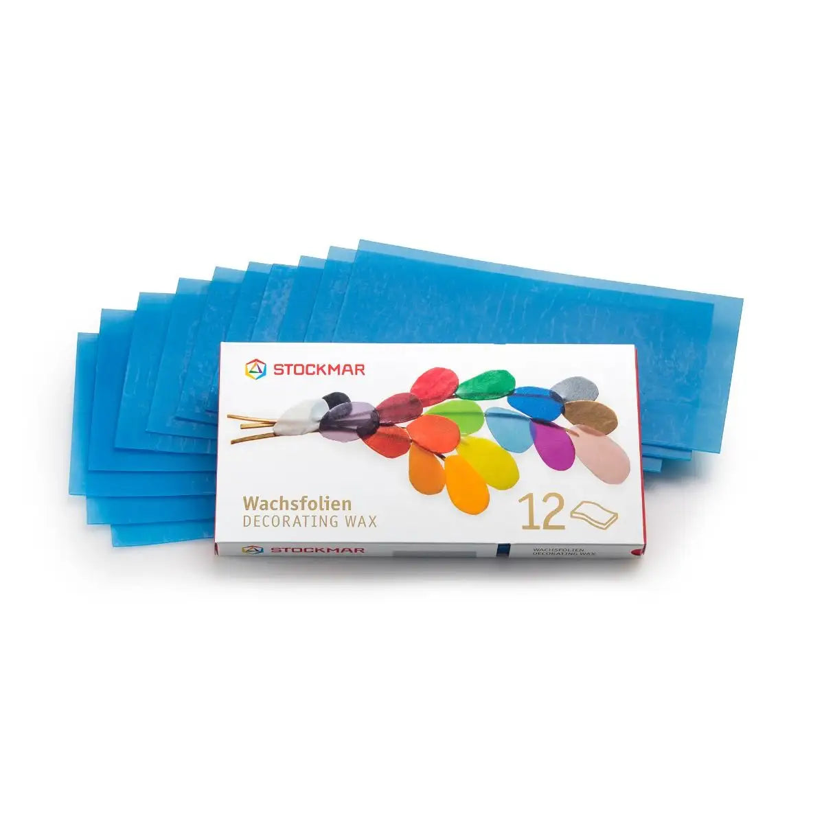 Stockmar decorating wax sheets in blue with a colorful packaging on a white background