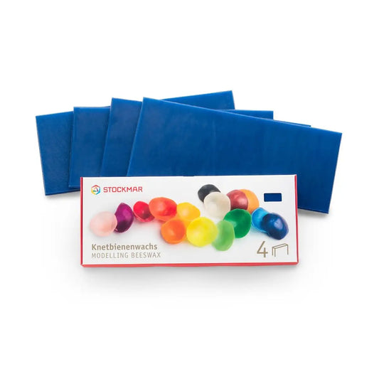Blue beeswax blocks with Stockmar packaging featuring colorful beeswax sticks on a white background.