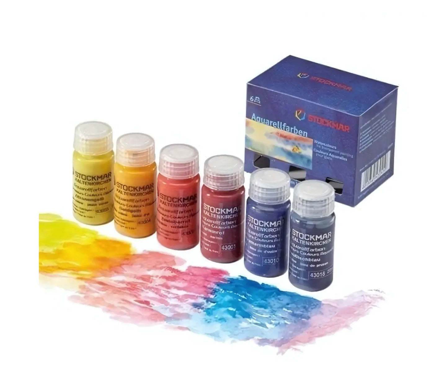 Set of Stockmar watercolor bottles with color swatches and packaging on a white background
