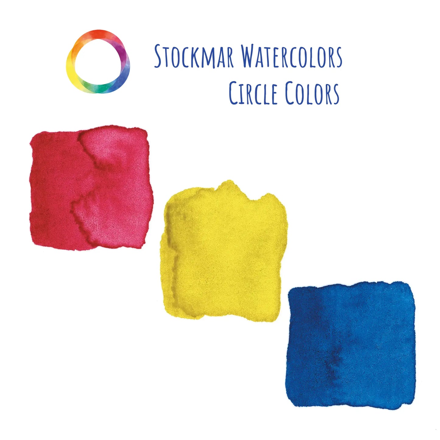 Three watercolor swatches in red, yellow, and blue with Stockmar Watercolors Circle Colors branding.