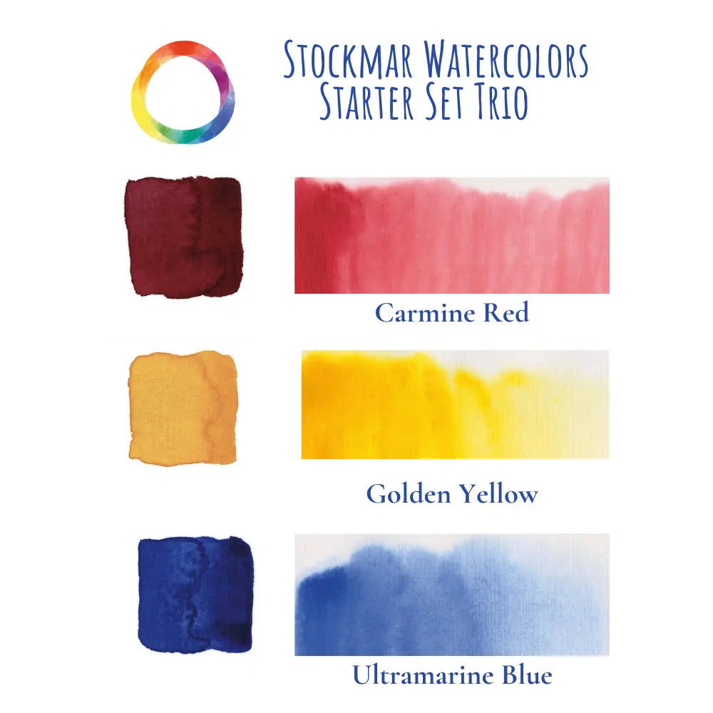 Stockmar Watercolors Starter Set Trio with color swatches of Carmine Red, Golden Yellow, and Ultramarine Blue on a white background.