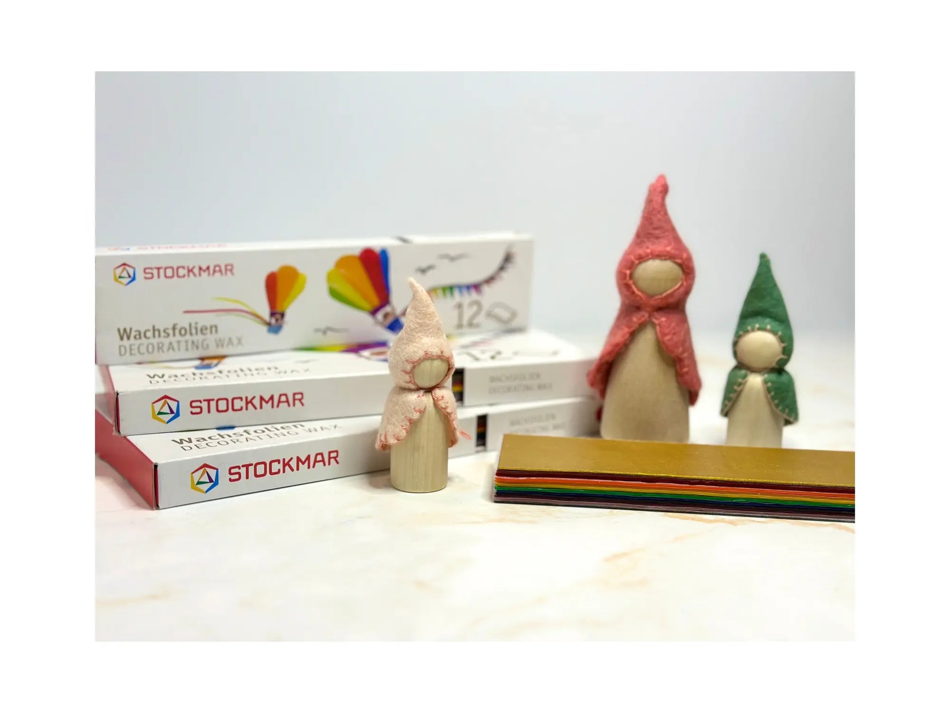 Stockmar Candle Decorating Wax, Narrow or Wide  in boxes with wood and felt gnome dolls