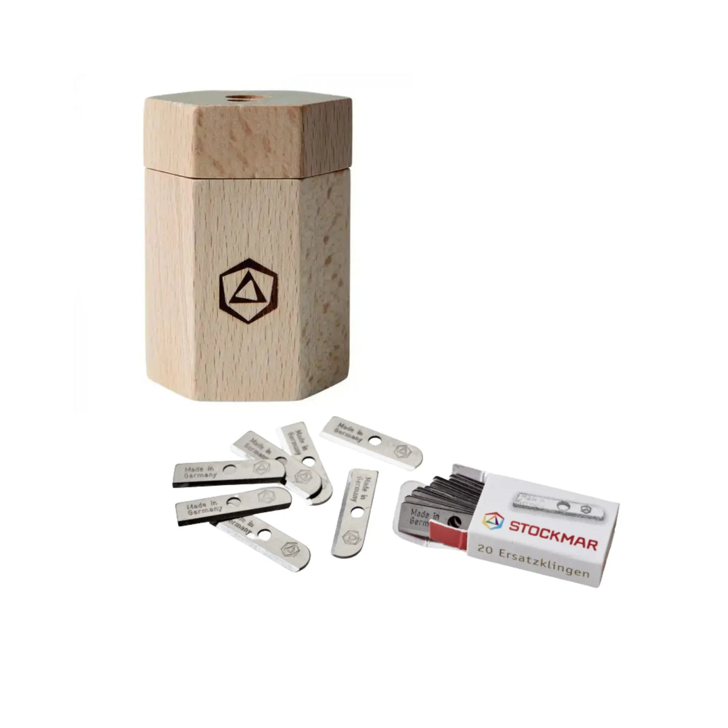 Stockmar Dual Wooden Pencil Sharpene next to replacement blades
