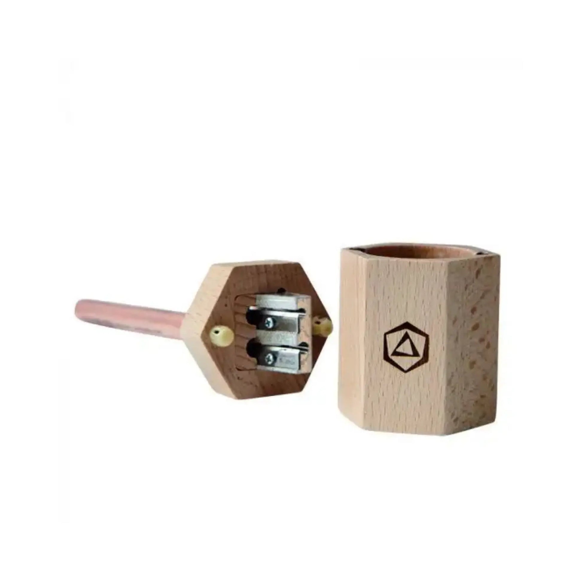 Stockmar Dual Wooden Pencil Sharpener with receptacle lid off
