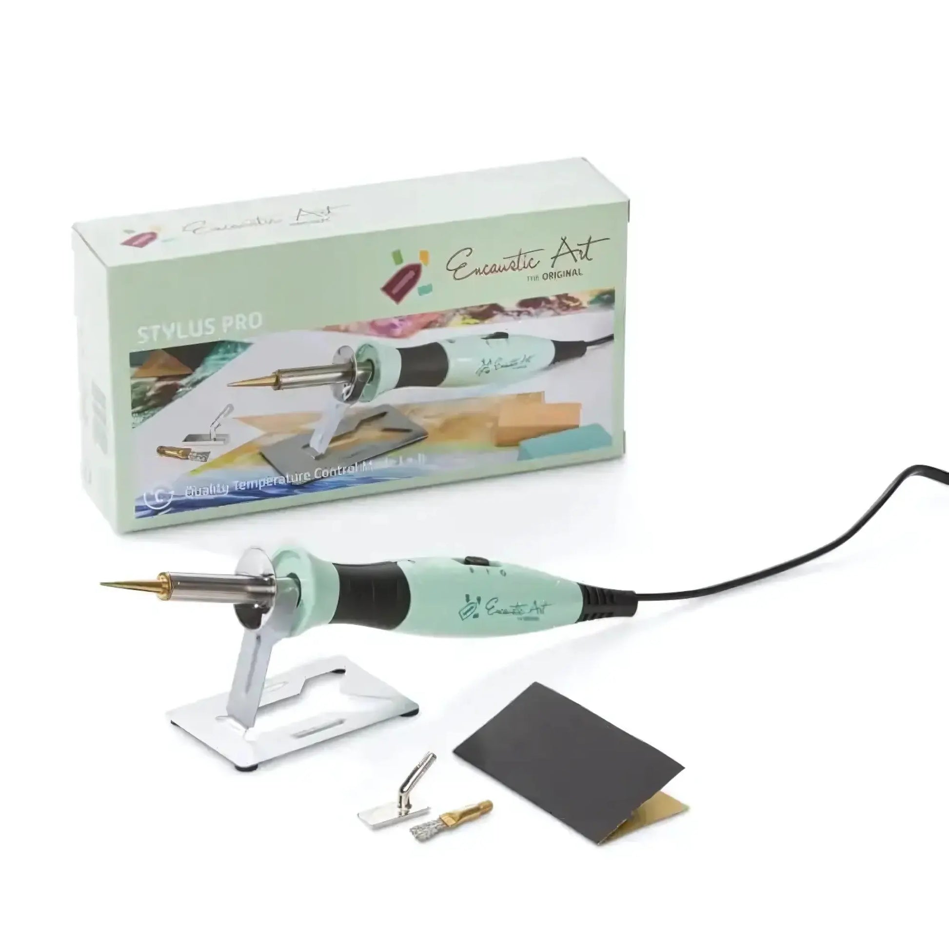 Encaustic art stylus pro with accessories and packaging on a white background