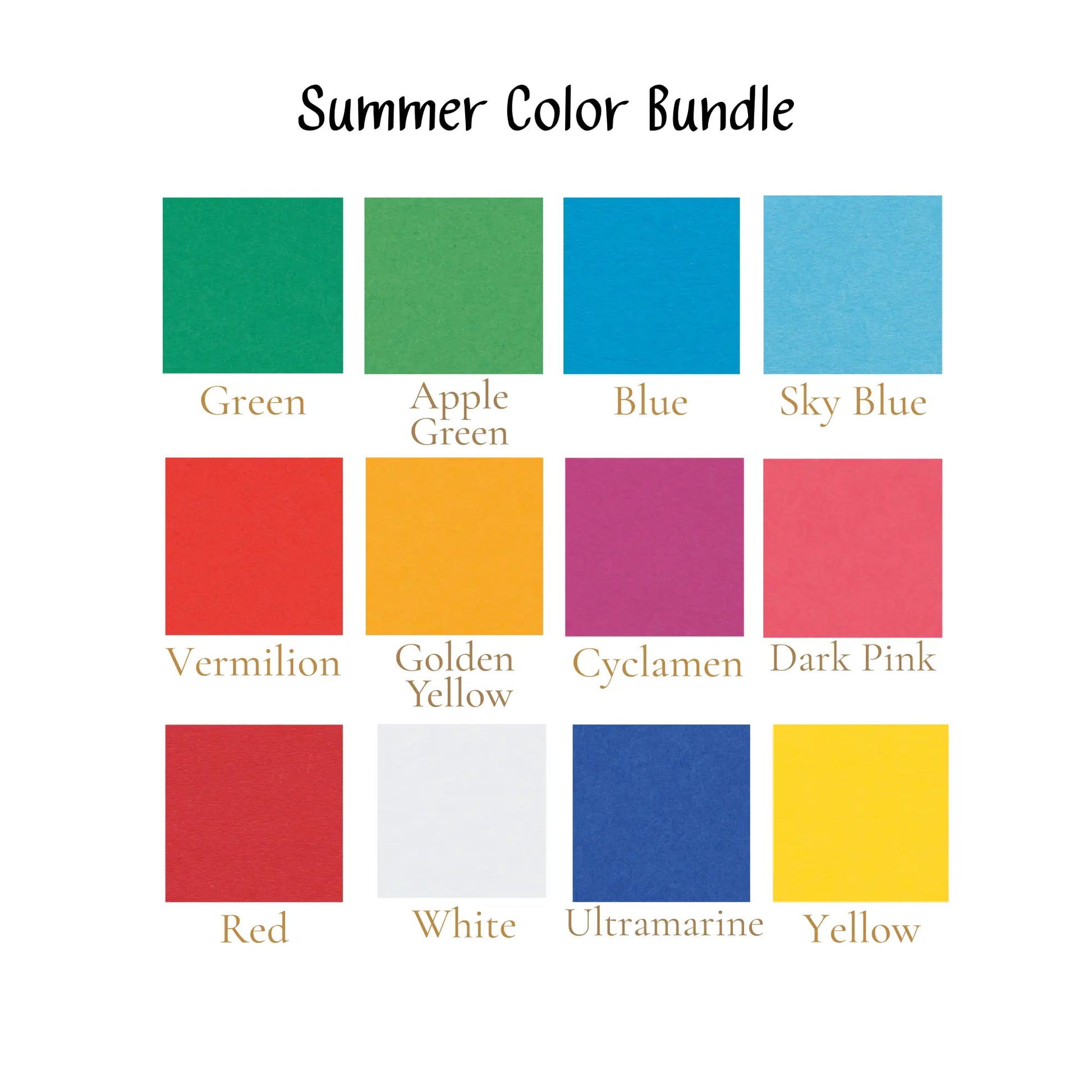 Color swatches labeled with names for a 'Summer Color Bundle' on a white background.