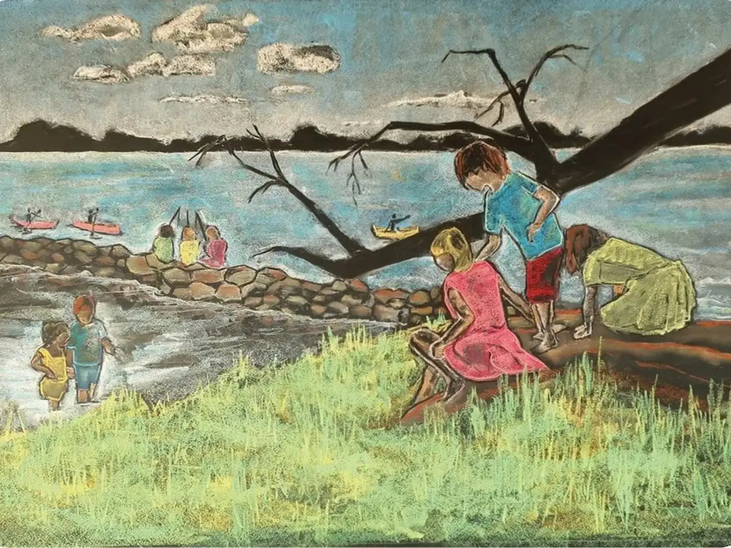 Children playing by a lake with boats and a tree in the background