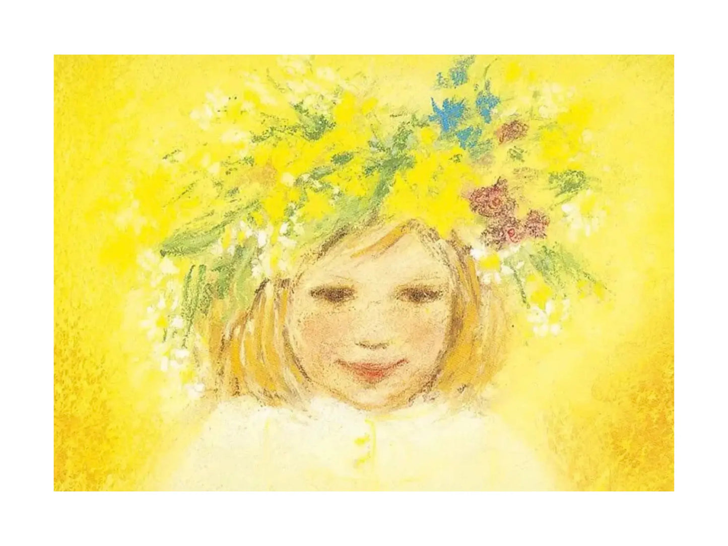 Illustration of a girl with flower wreath on their head against a yellow background