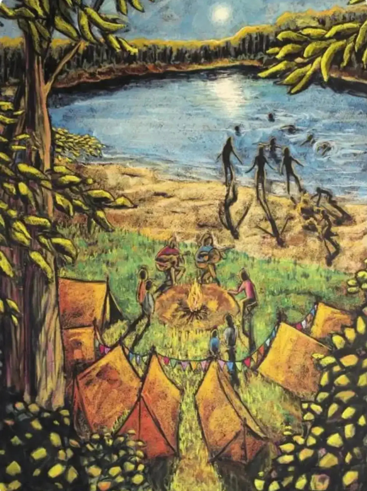 Chalk Art Postcard of families around a campfire with tents and swimming in a lake