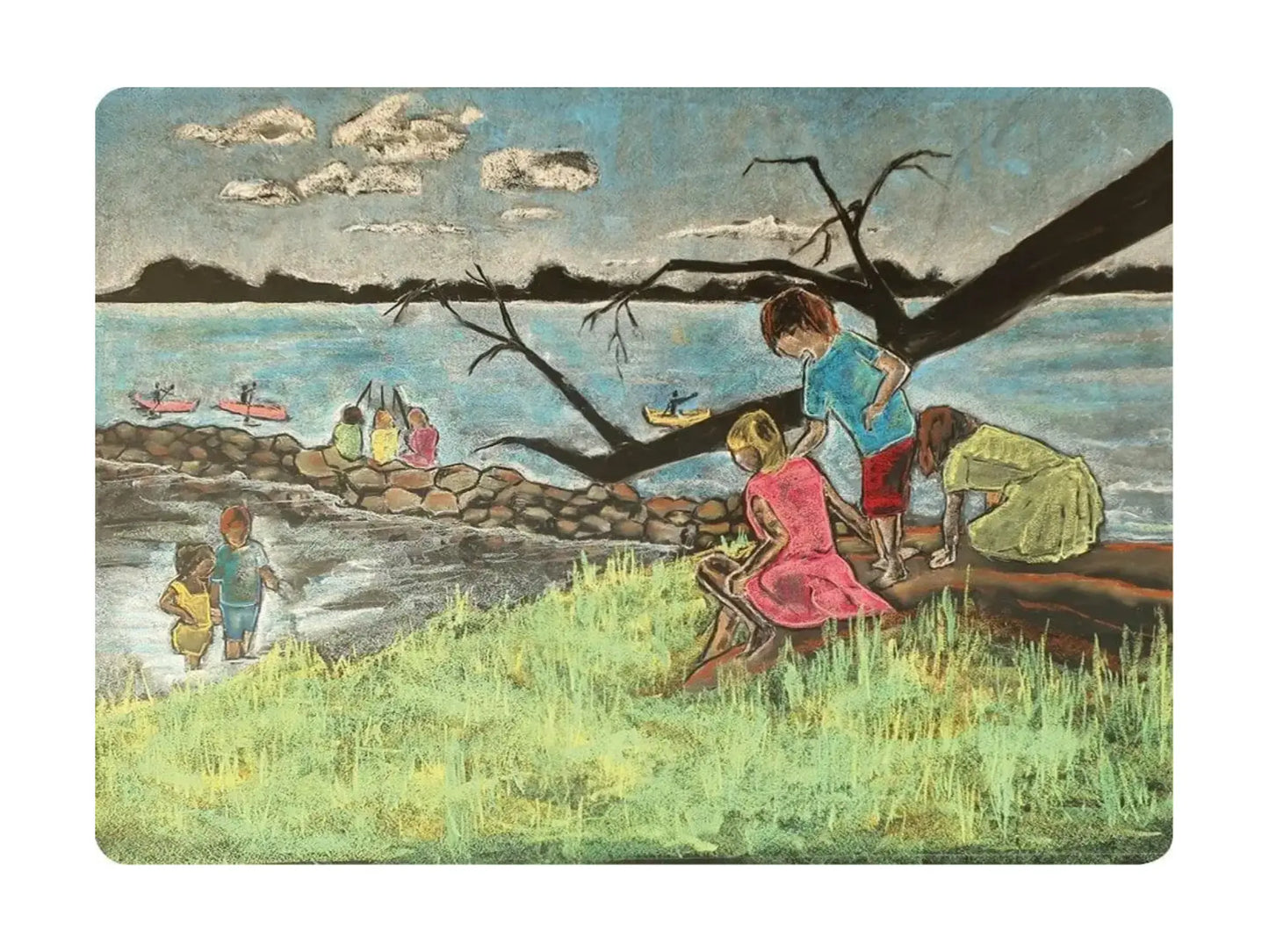 Vintage-style illustration of children by a lake with boats and a tree branch.