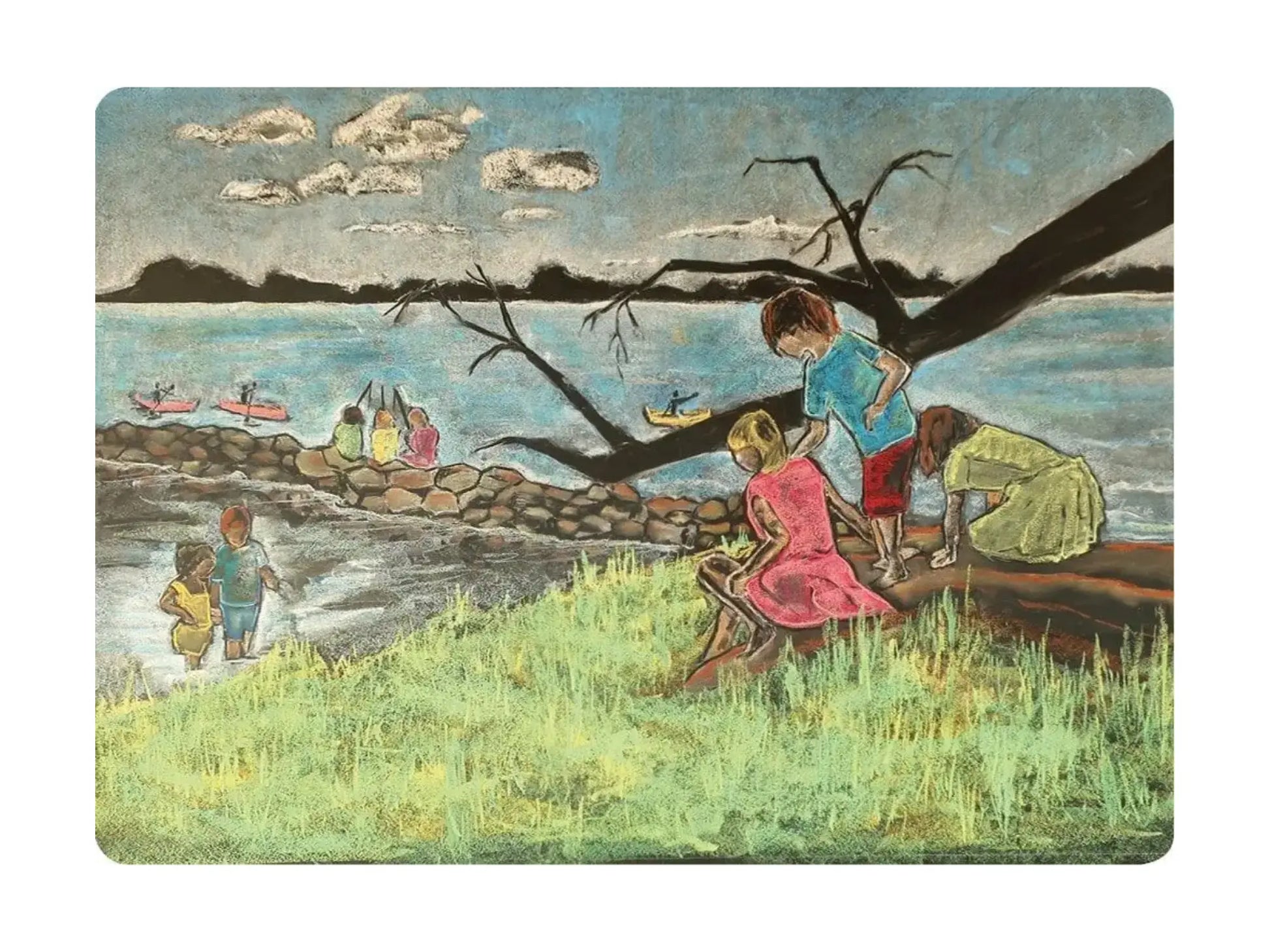 Vintage-style illustration of children by a lake with boats and a tree branch.