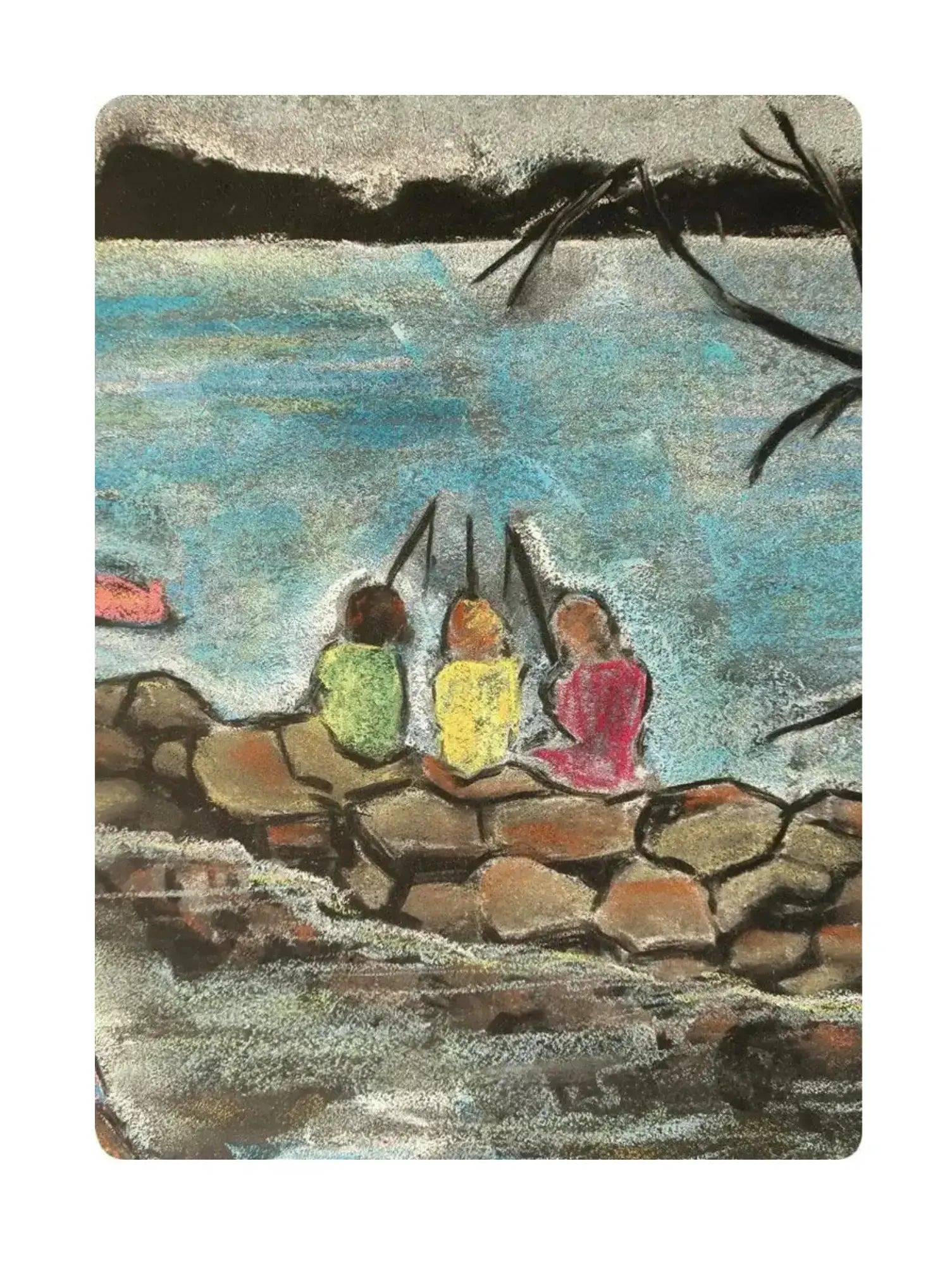Artistic depiction of three children fishing off a stone wall by a body of water.