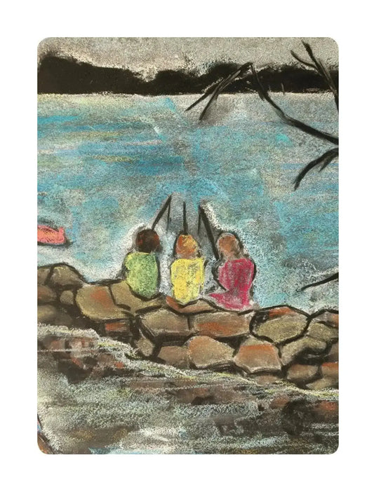 Artistic depiction of three children fishing off a stone wall by a body of water.