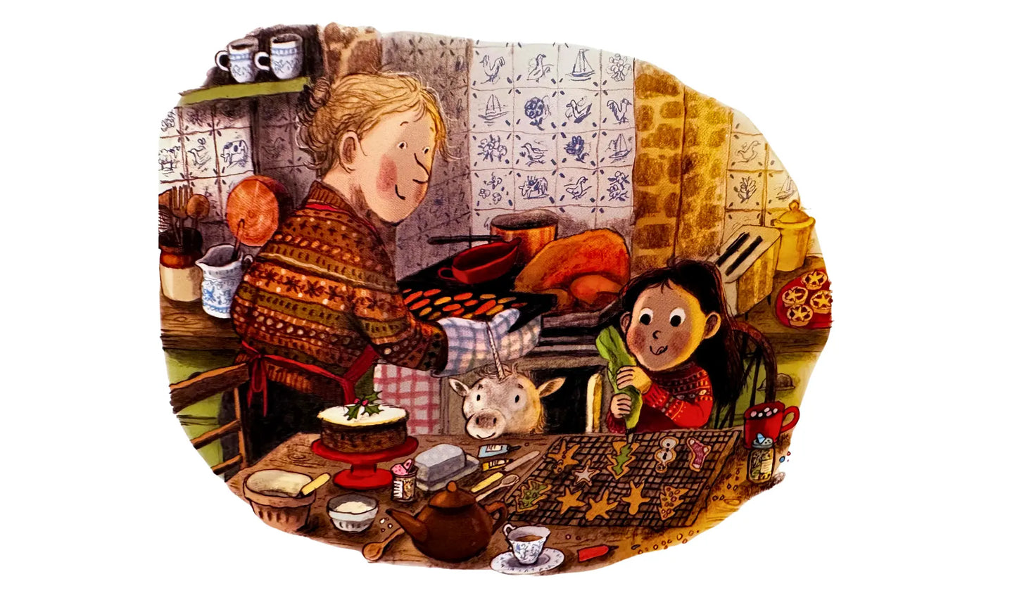 Illustration of a woman, child, and unicorn in a kitchen with various kitchen items 