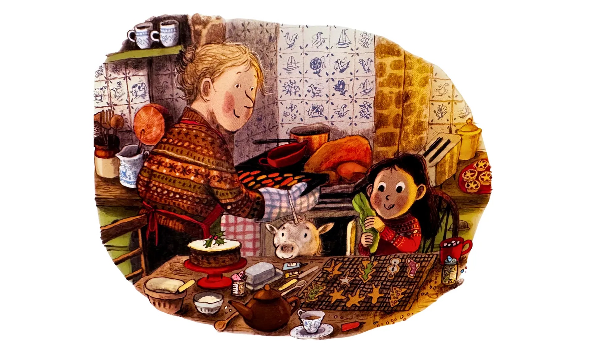 Illustration of a woman, child, and unicorn in a kitchen with various kitchen items 