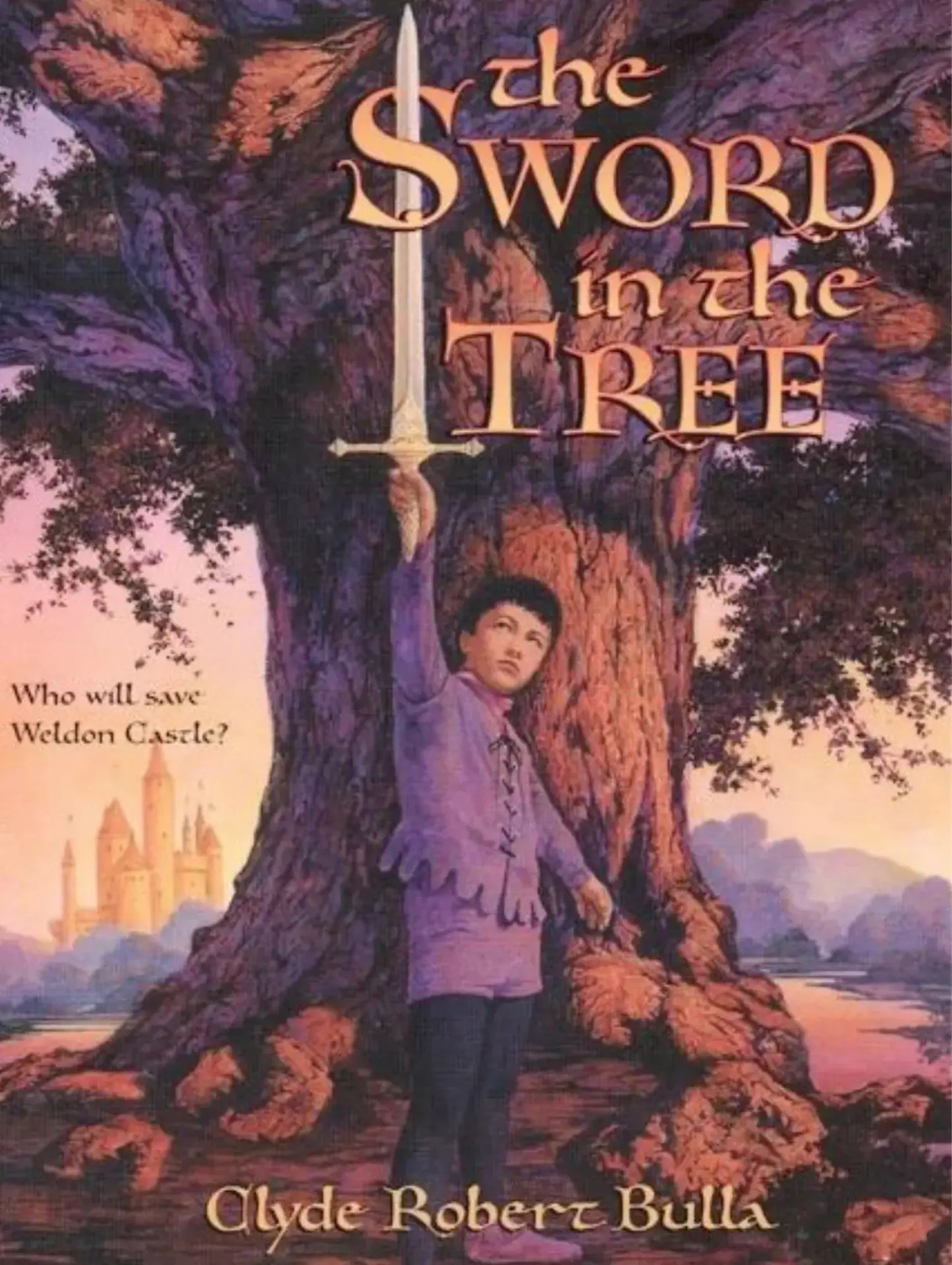 Book cover of 'The Sword in the Tree' with a person holding a sword against a tree.
