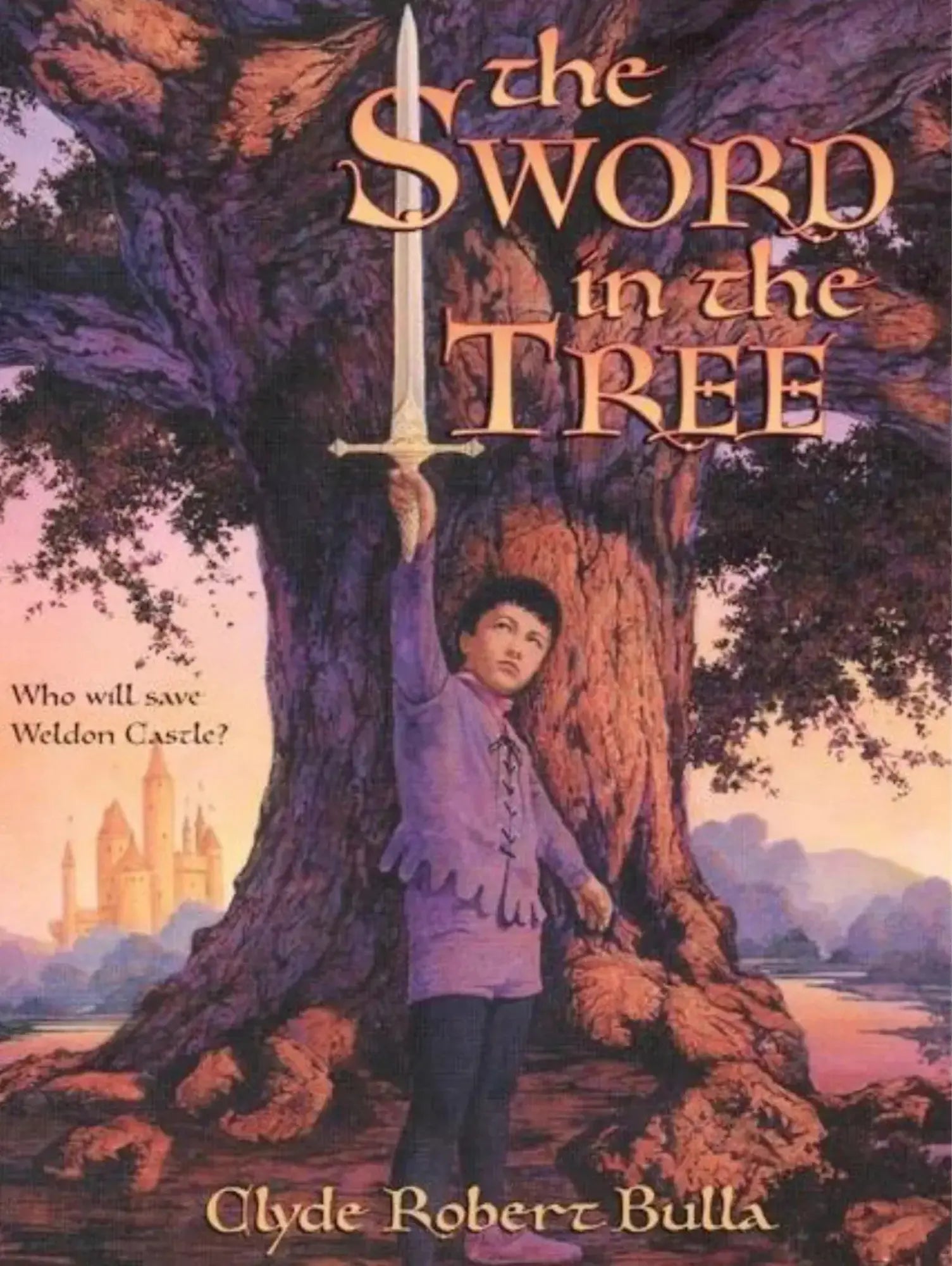 Book cover of 'The Sword in the Tree' with a person holding a sword against a tree.