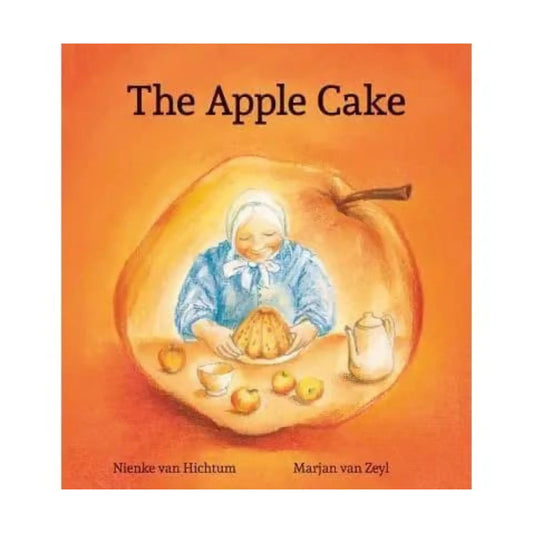Book cover of 'The Apple Cake' with an illustration of a child inside an apple holding a cake.
