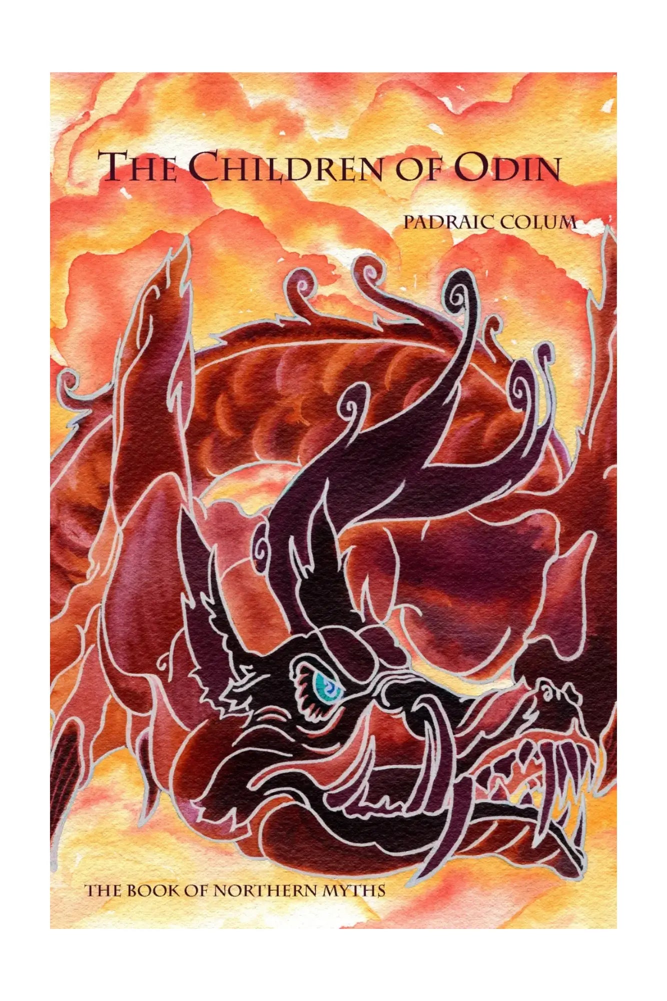 Book cover of 'The Children of Odin' with a dragon design and fiery background.